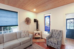 Living room, fireplace and stained glass